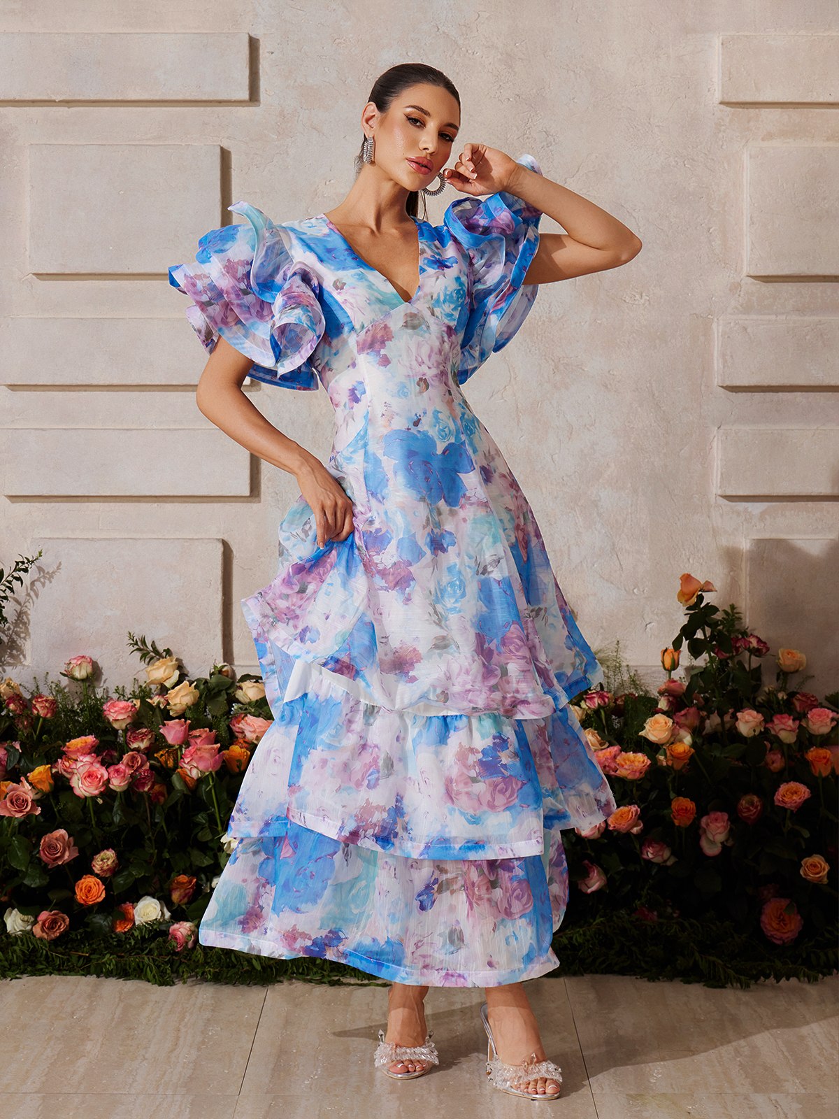 Ruffles V Neck Short Sleeve High Waist Ruched Long