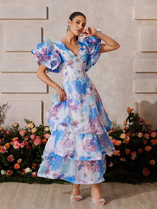 Ruffles V Neck Short Sleeve High Waist Ruched Long