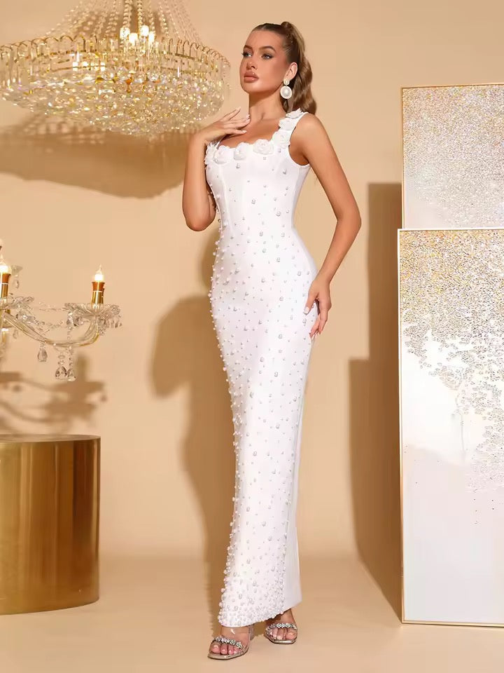 Pearl Bead Tight Bandage Long Dress