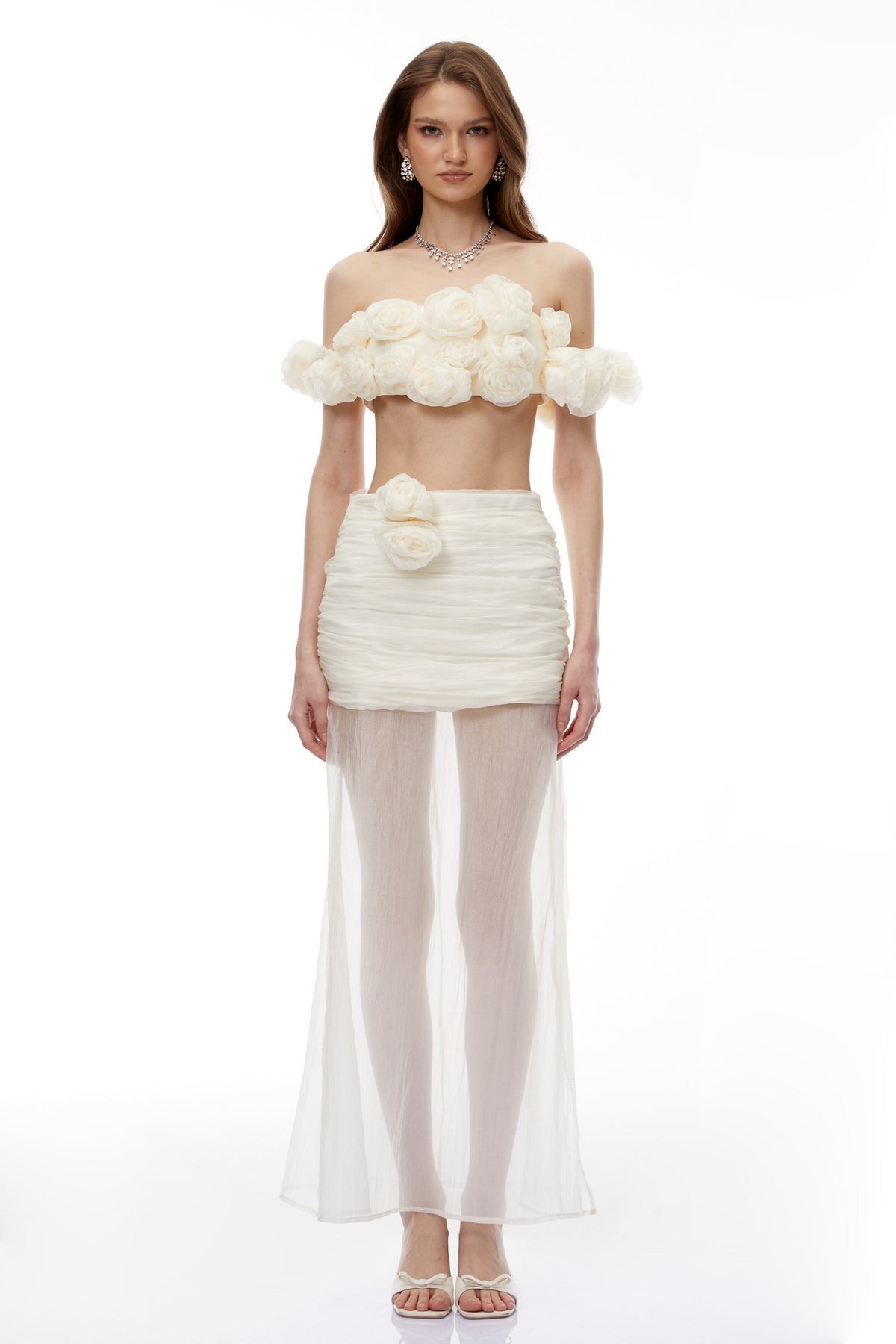 White Tulle Top & Skirt Set with 3D Florals