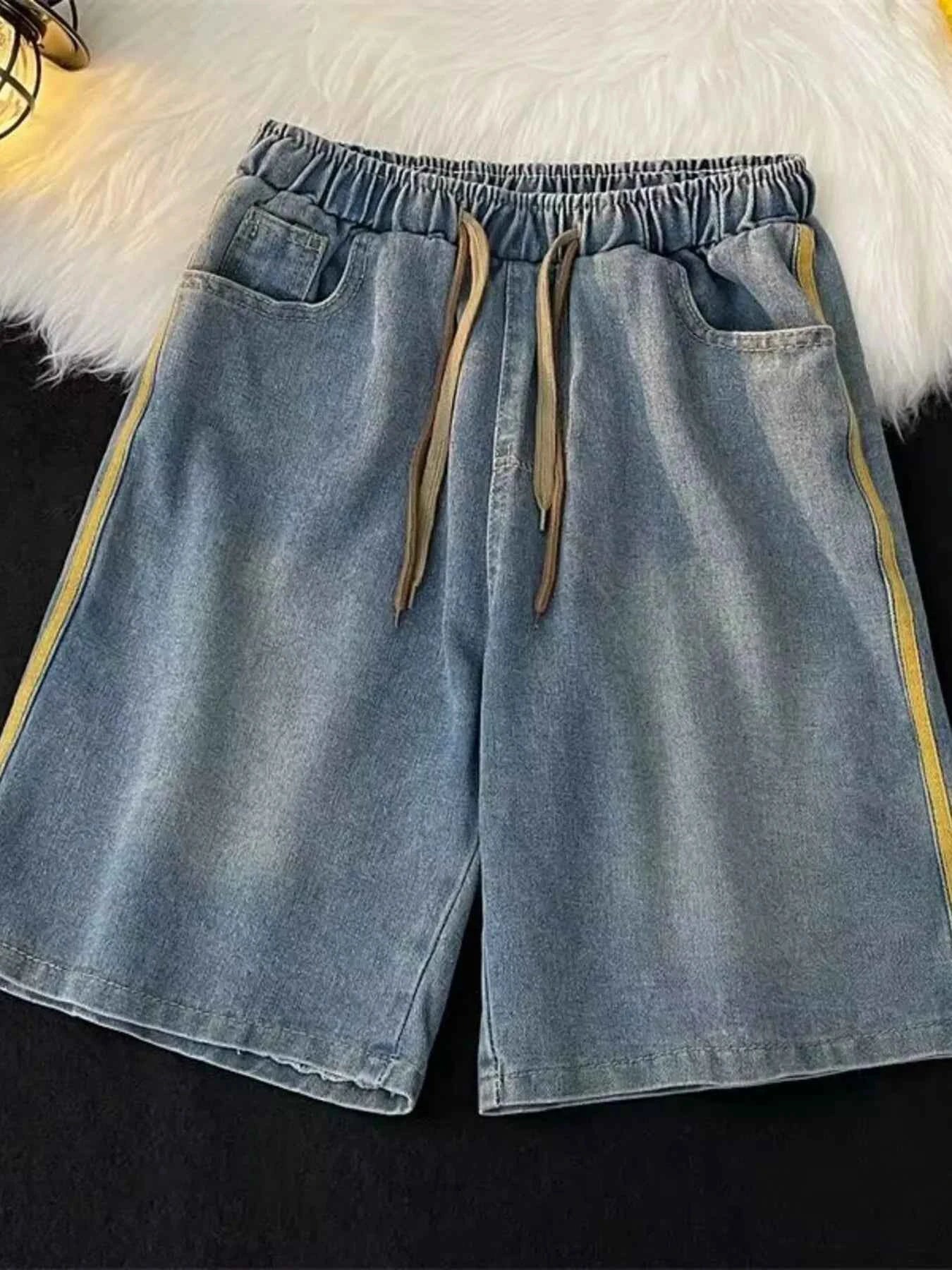 Men's Full Size Casual Loose Fit Denim Shorts with Drawstring Plus Size