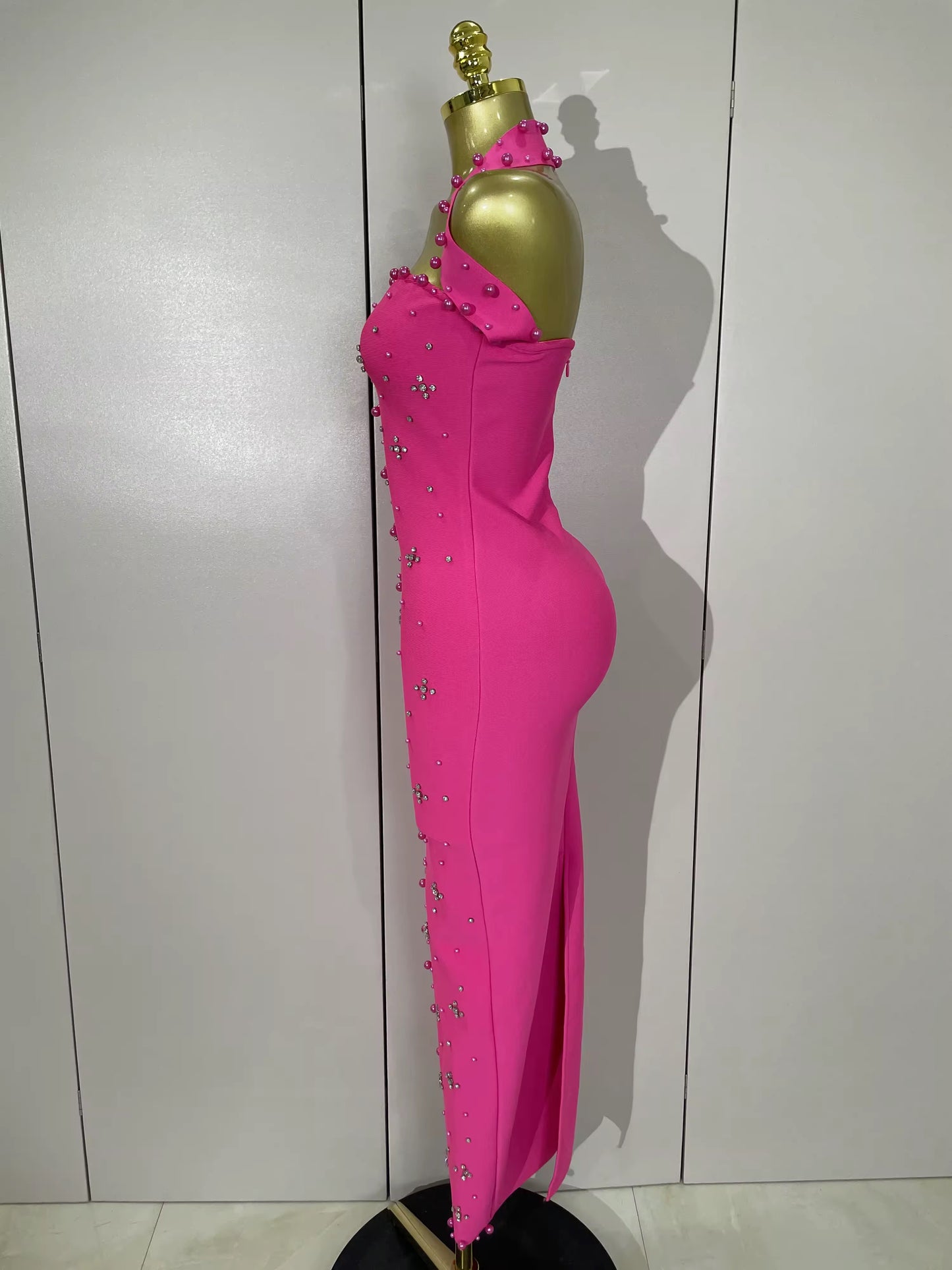 Sparkly Rhinestone Pearl Sleeveless Bodycon Bandage Long Dress