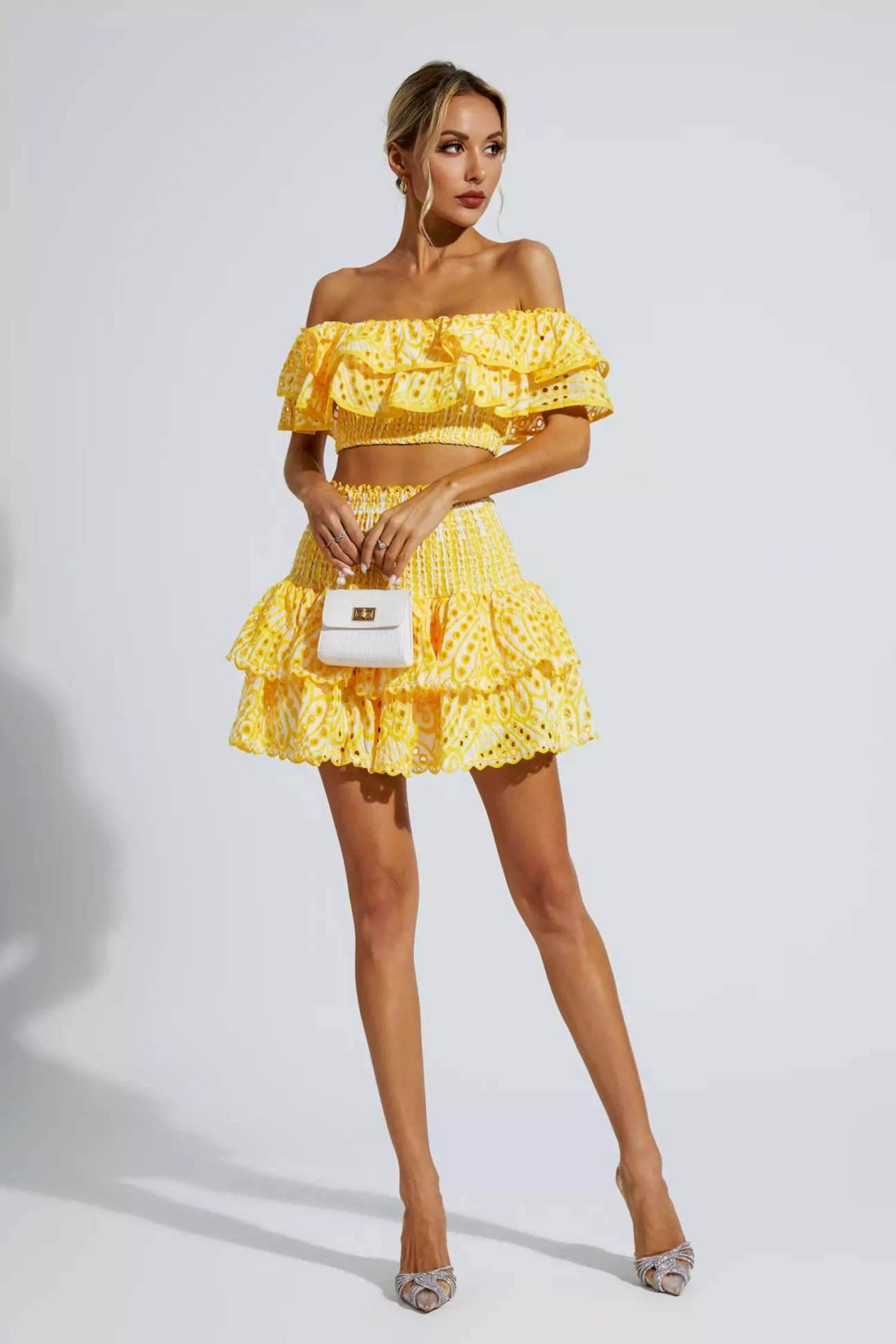 Yellow Floral Ruffle Off-Shoulder Set - REBECATHELABEL