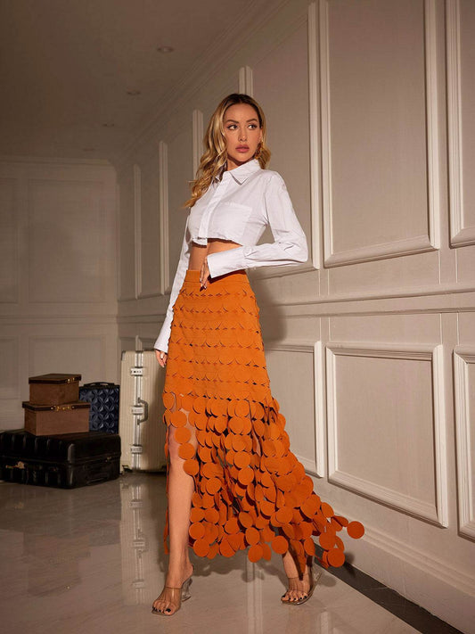 Circle Cutout Fringe Skirt In Orange - REBECATHELABEL