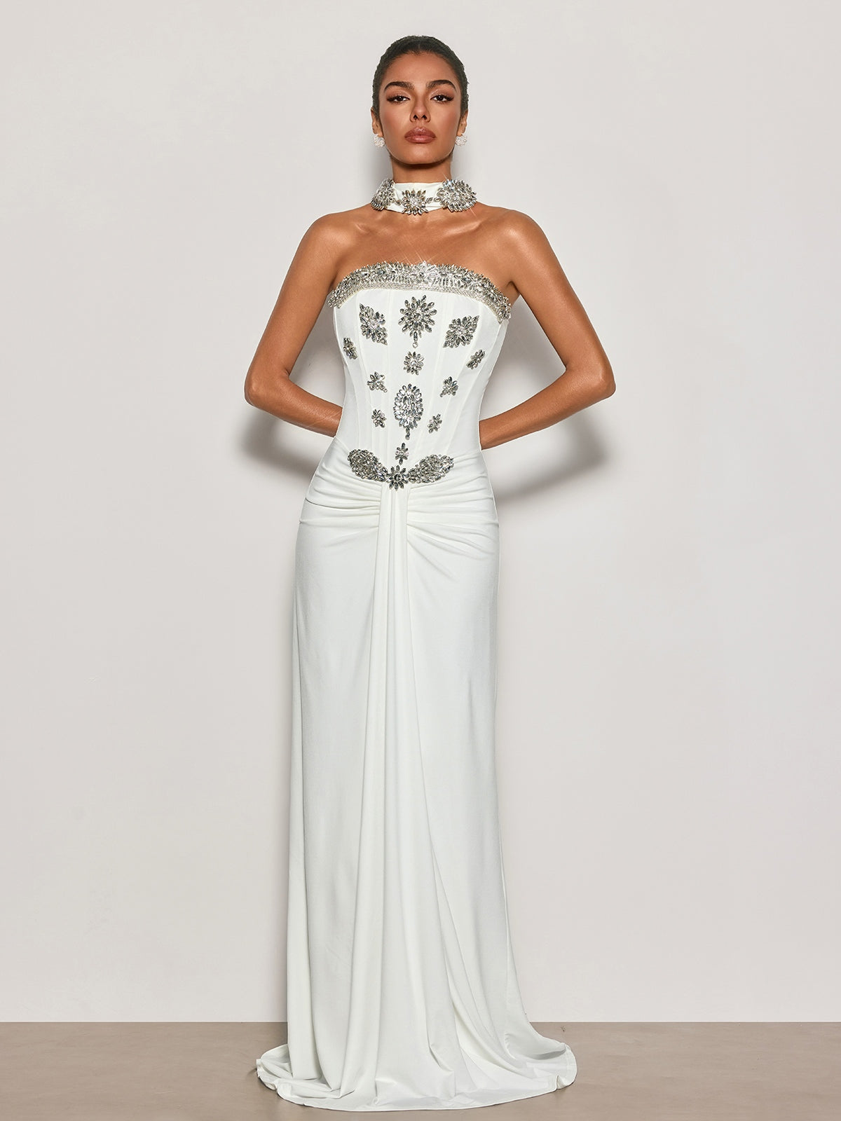 Strapless Crystal Scarf Maxi Dress