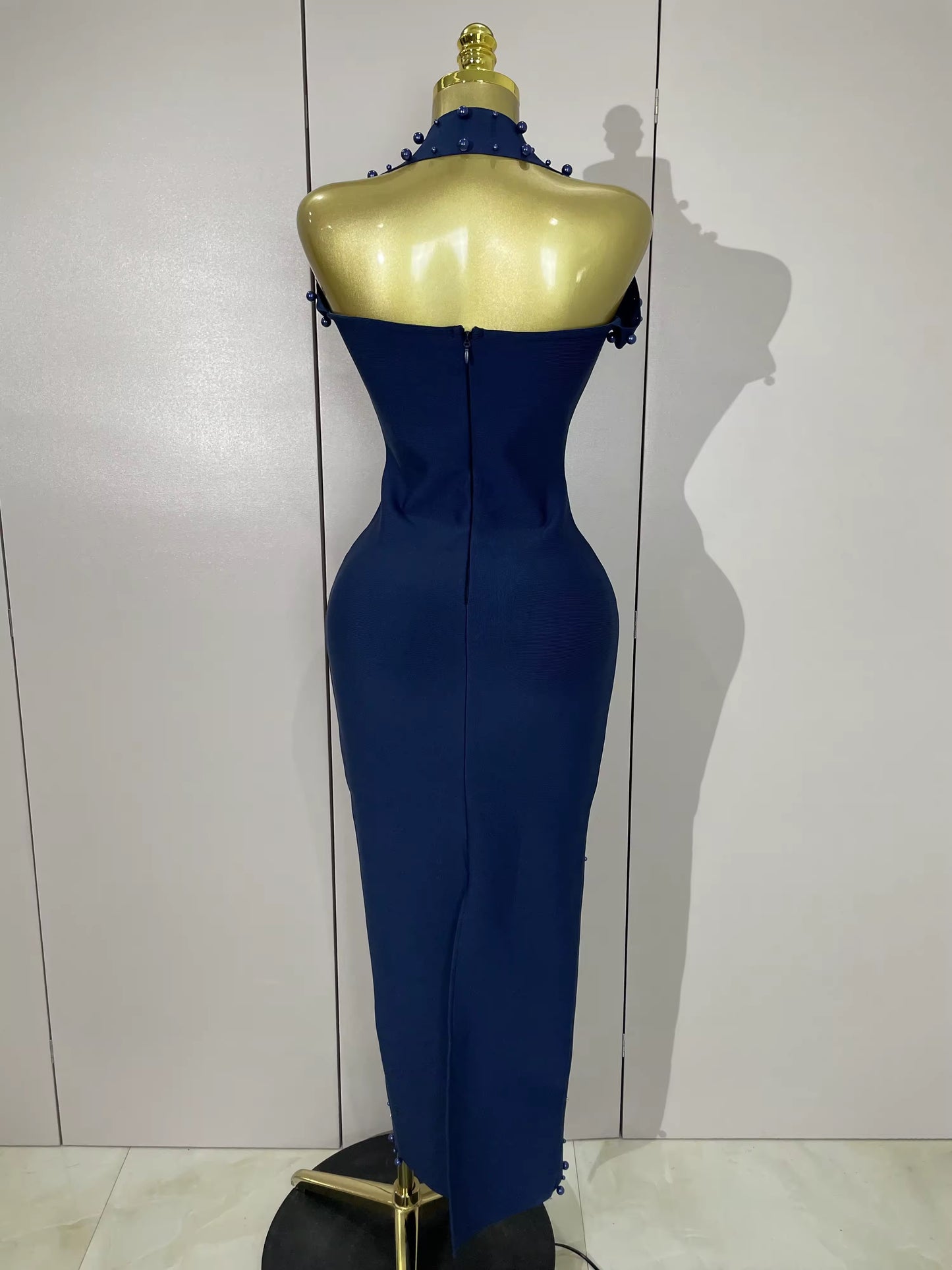 Sparkly Rhinestone Pearl Sleeveless Bodycon Bandage Long Dress