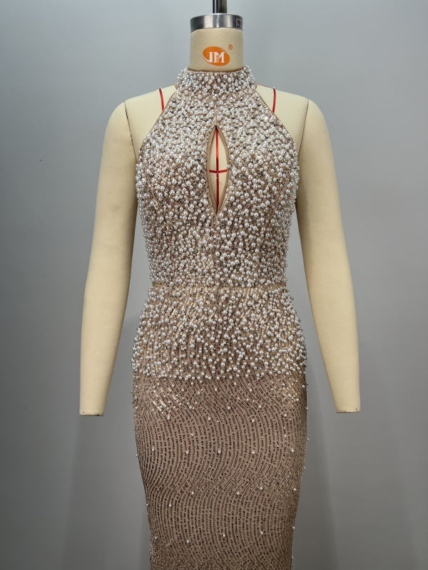 Pearl Elegant Sexy Slim Bag Hip Split Party Dinner Evening Dress