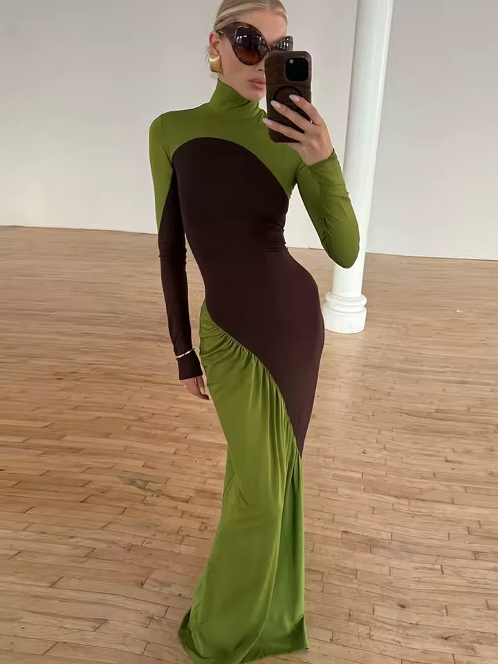 Contrast Color Long Sleeve High Neck Maxi Dress