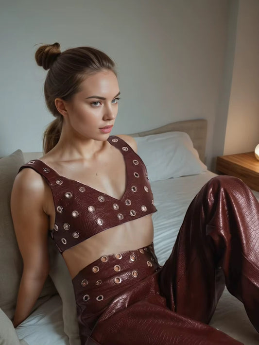 Hole Leather Two Pieces Set Crop Top+High Waist Pants