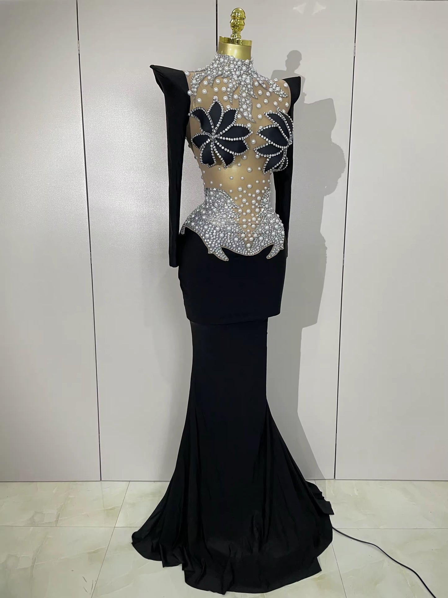 Sparkly Diamonds Pearl Black Sexy See Through Mesh Long Dress