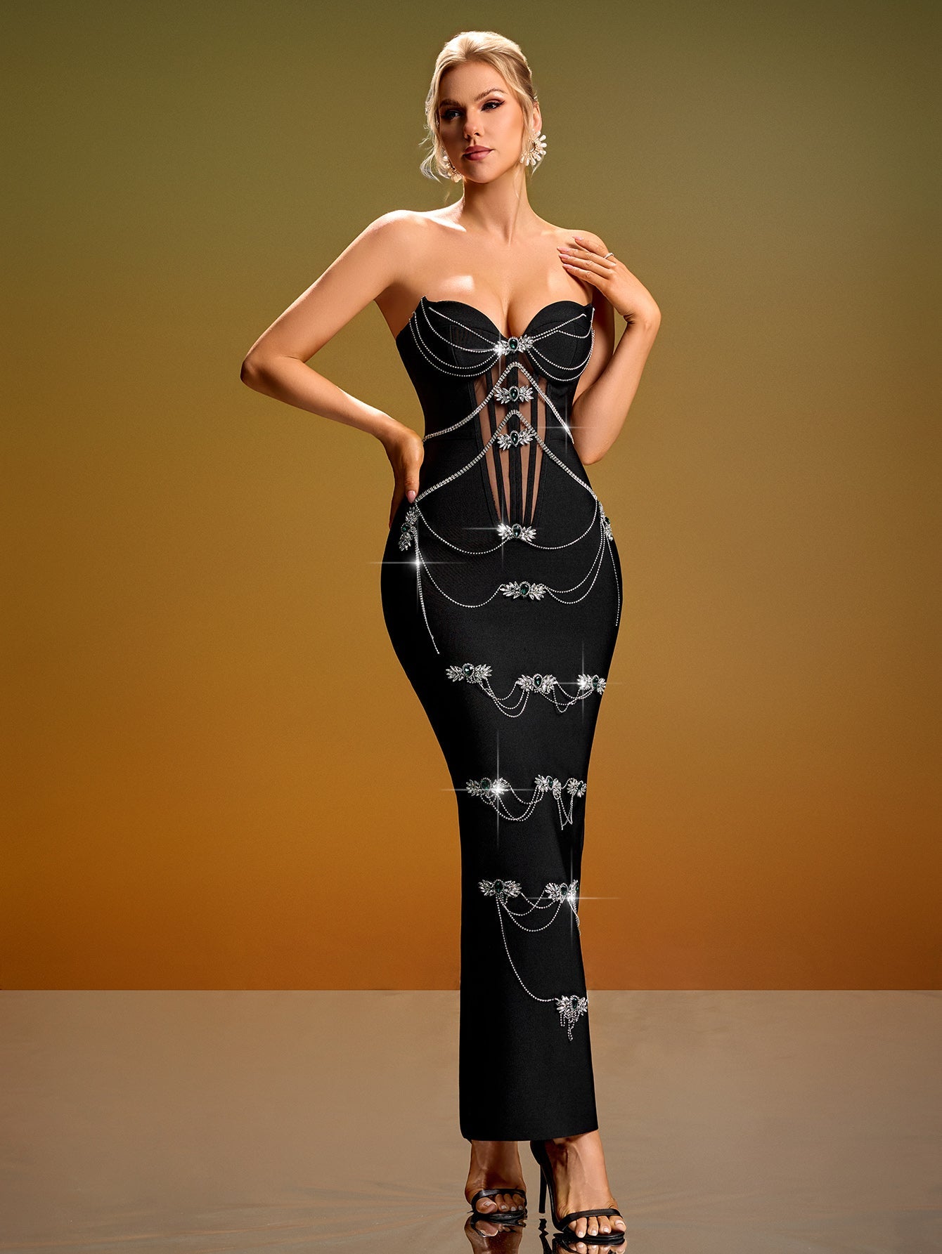 Strapless Rhinestone Corset Maxi Dress