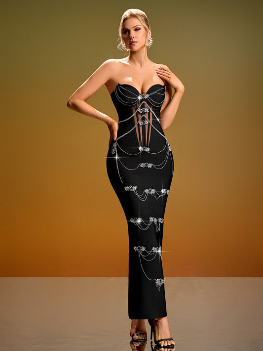 Strapless Rhinestone Corset Maxi Dress