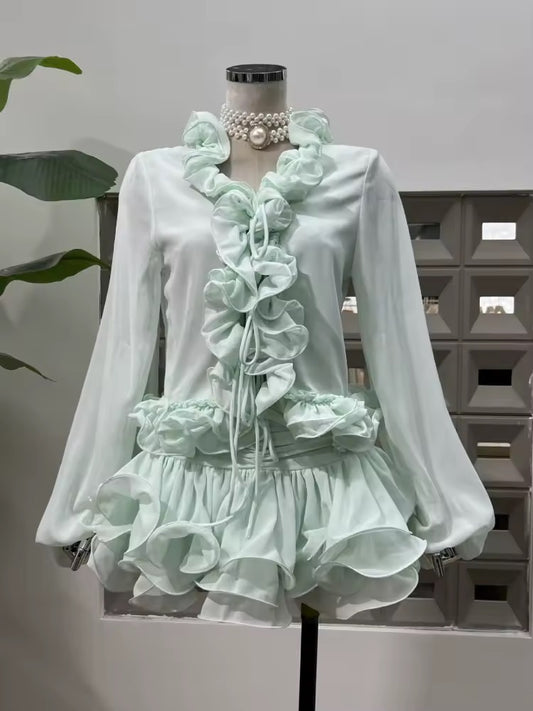 Culottes Two Piece Set Sexy Lace-up Ruffles Long Sleeves Top + Diamonds Mini Skirts Suits