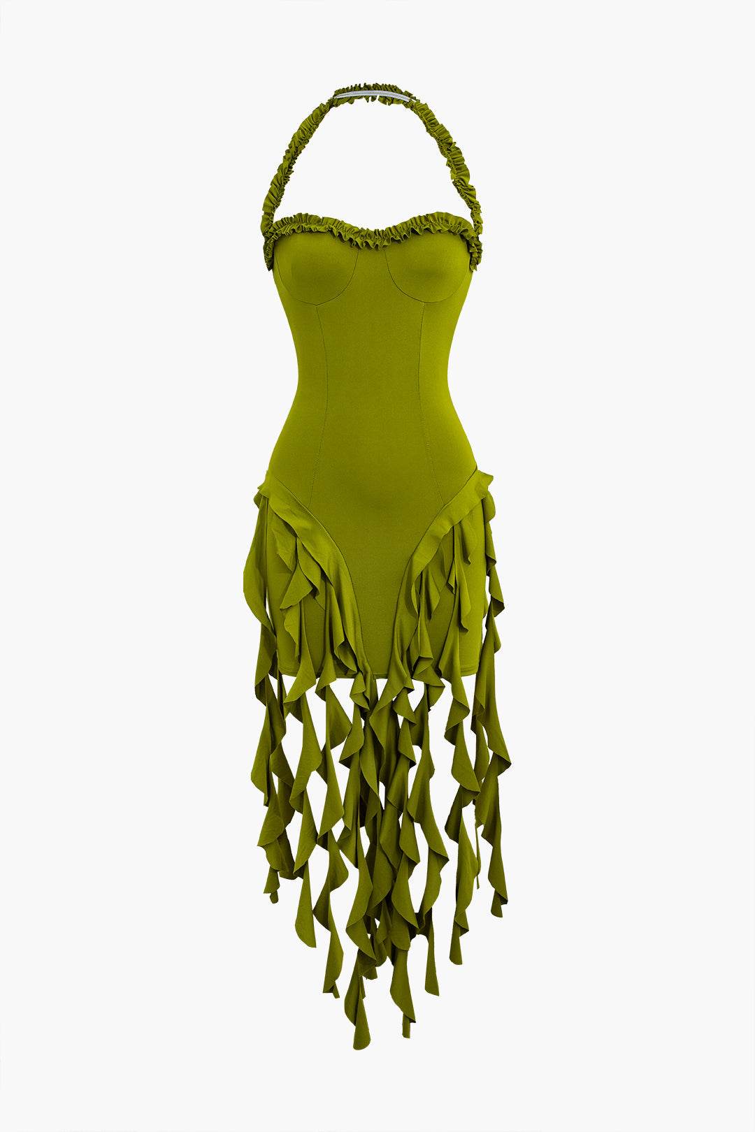 Ruffle Tassel Halter Bustier Mini Dress - REBECATHELABEL