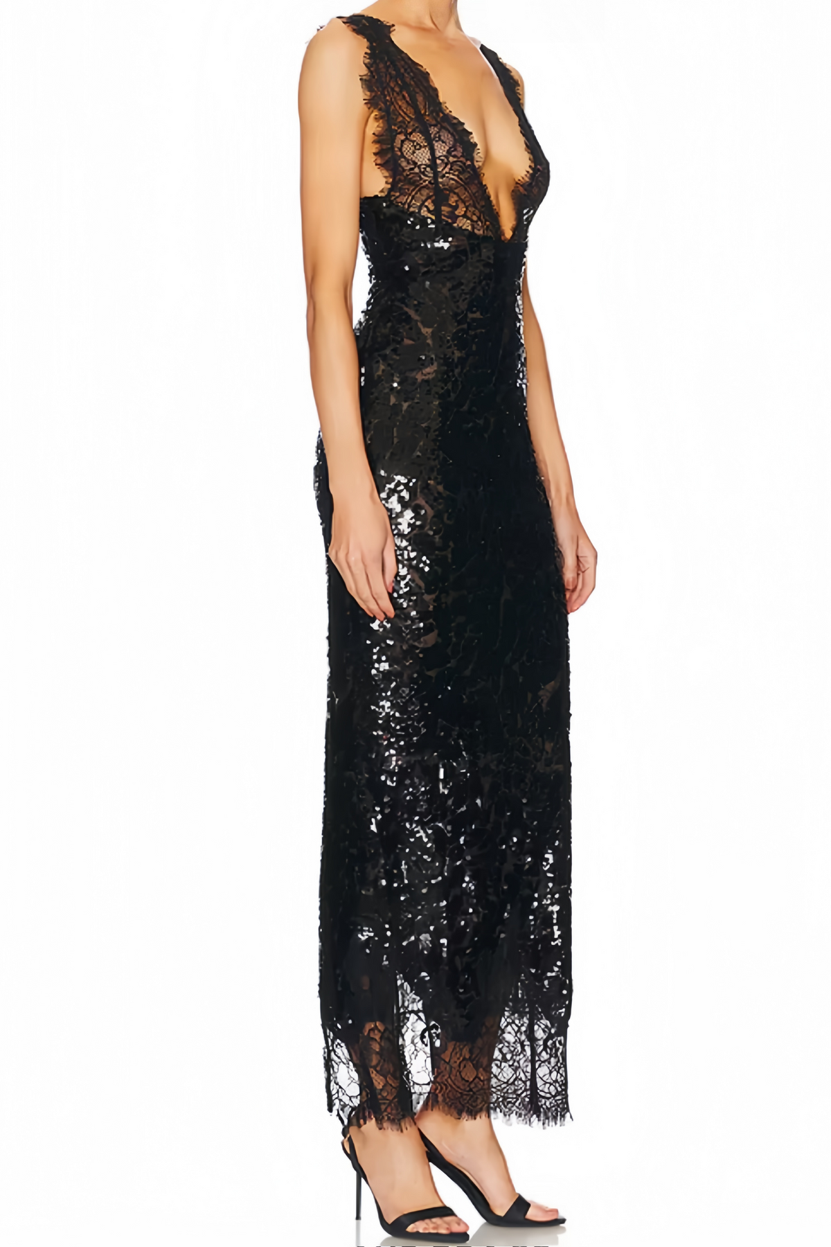 Black Lace Panel Sequined Maxi Dress