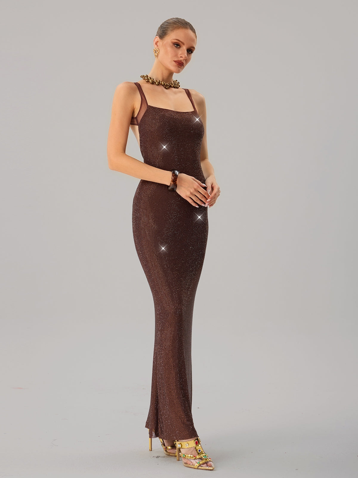 Backless Rhinestone Maxi Dress In Brown