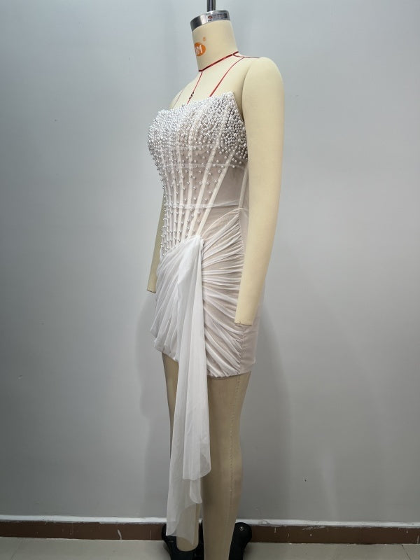 Spice Girl Pearl Backless Slim Hip Short Party Evening Dress