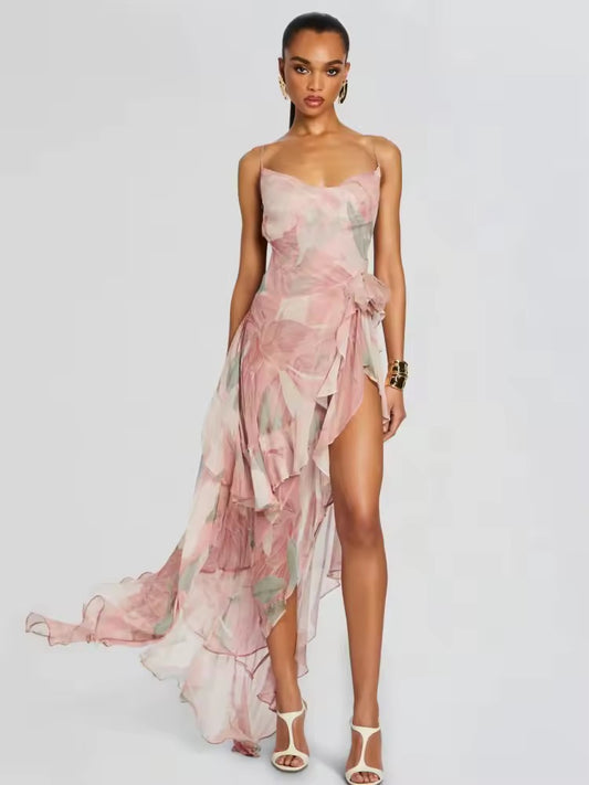 Pink Sleeveless Backless Spaghetti Strap Printed Ruffles Long Dress