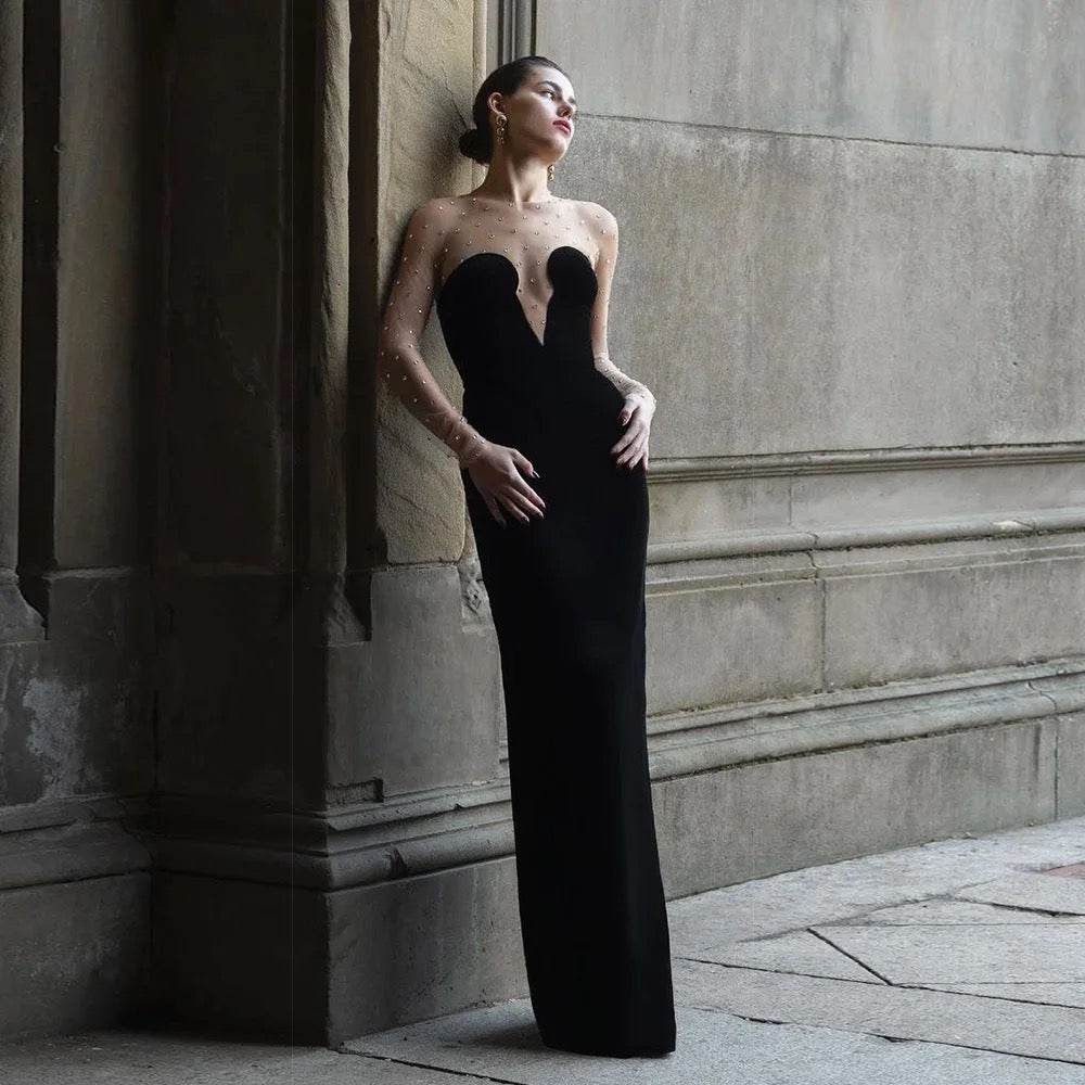 Mesh Long sleeved Patch Black Velvet dress - REBECATHELABEL