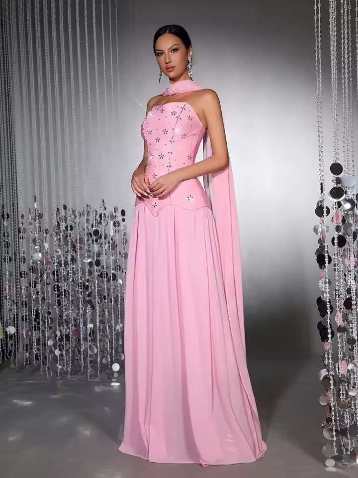 Diamond Strapless 2-piece Dress with Scarf Pink dress