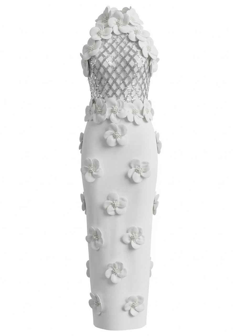 Floral Sequin Maxi Dress White