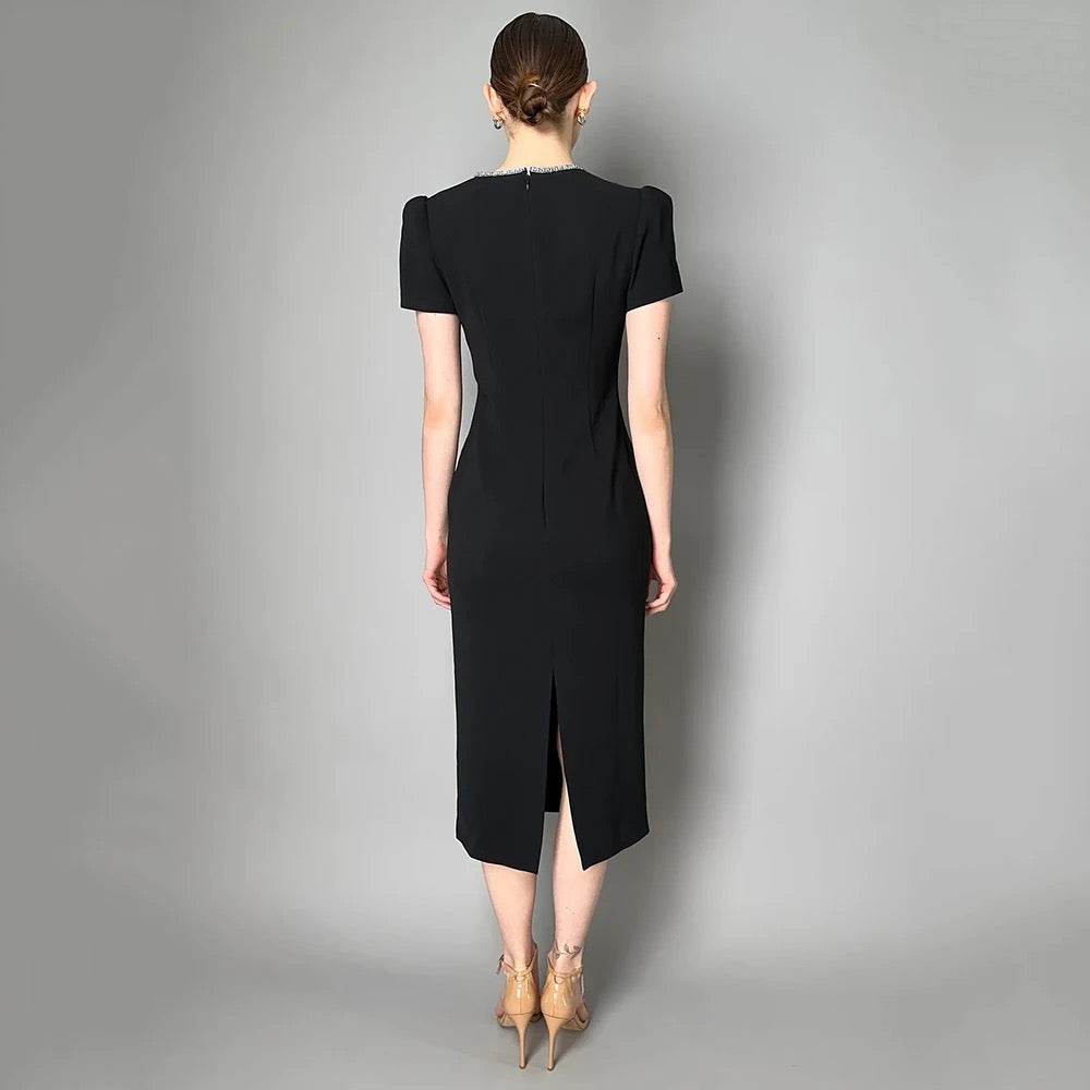 Hollow Diamond Short Sleeve Tight Midi Bandage Dress - REBECATHELABEL