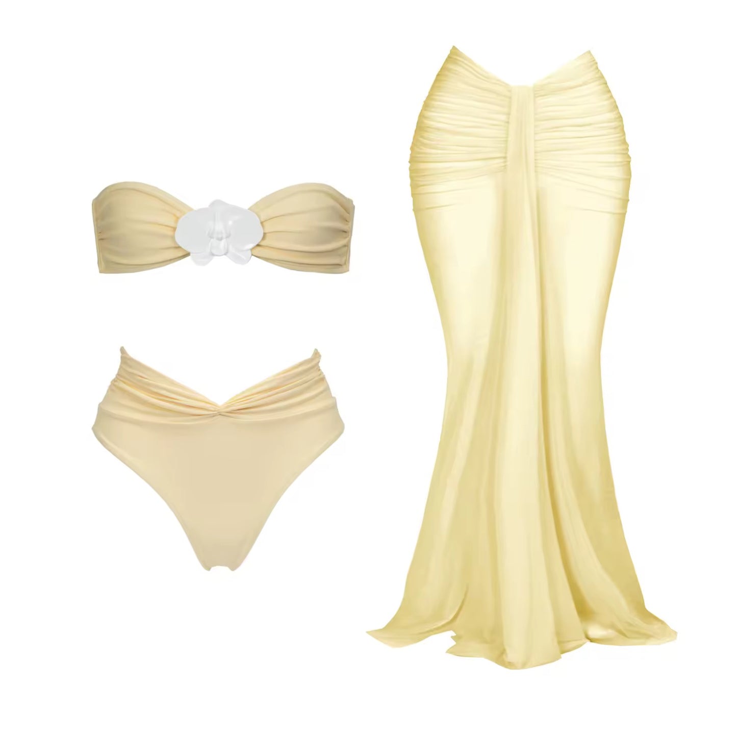 Yellow Bandeau Biquini Mesh Skirt Bathing Suit