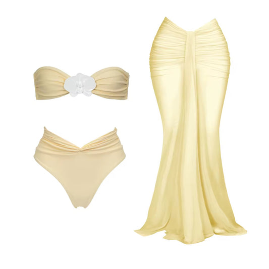 Yellow Bandeau Biquini Mesh Skirt Bathing Suit