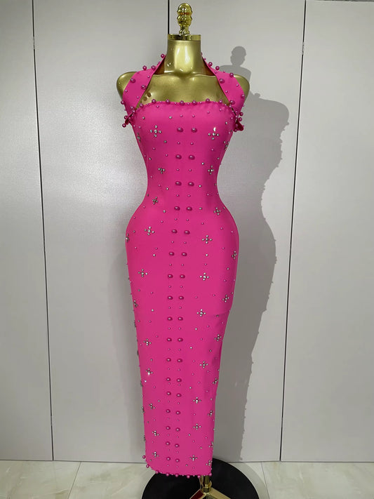 Sparkly Rhinestone Pearl Sleeveless Bodycon Bandage Long Dress