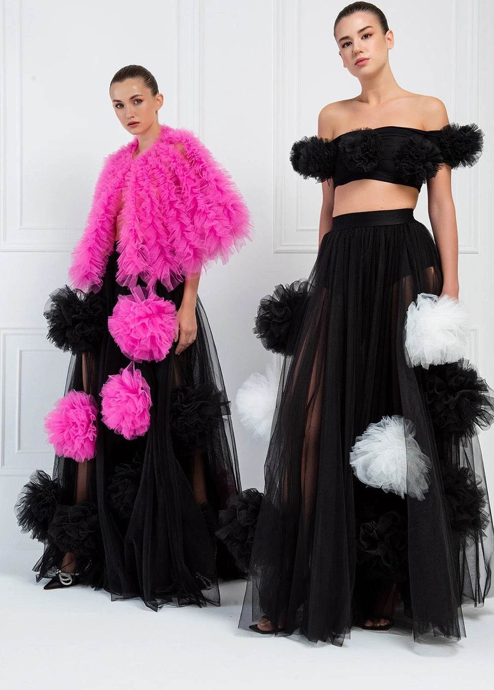 Black Tassel Mesh 3D Flower Sexy Hundred Fold Long Skirt - REBECATHELABEL