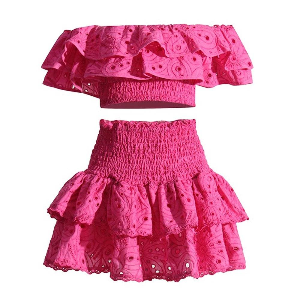 Pink Floral Ruffle Off-Shoulder Set - REBECATHELABEL