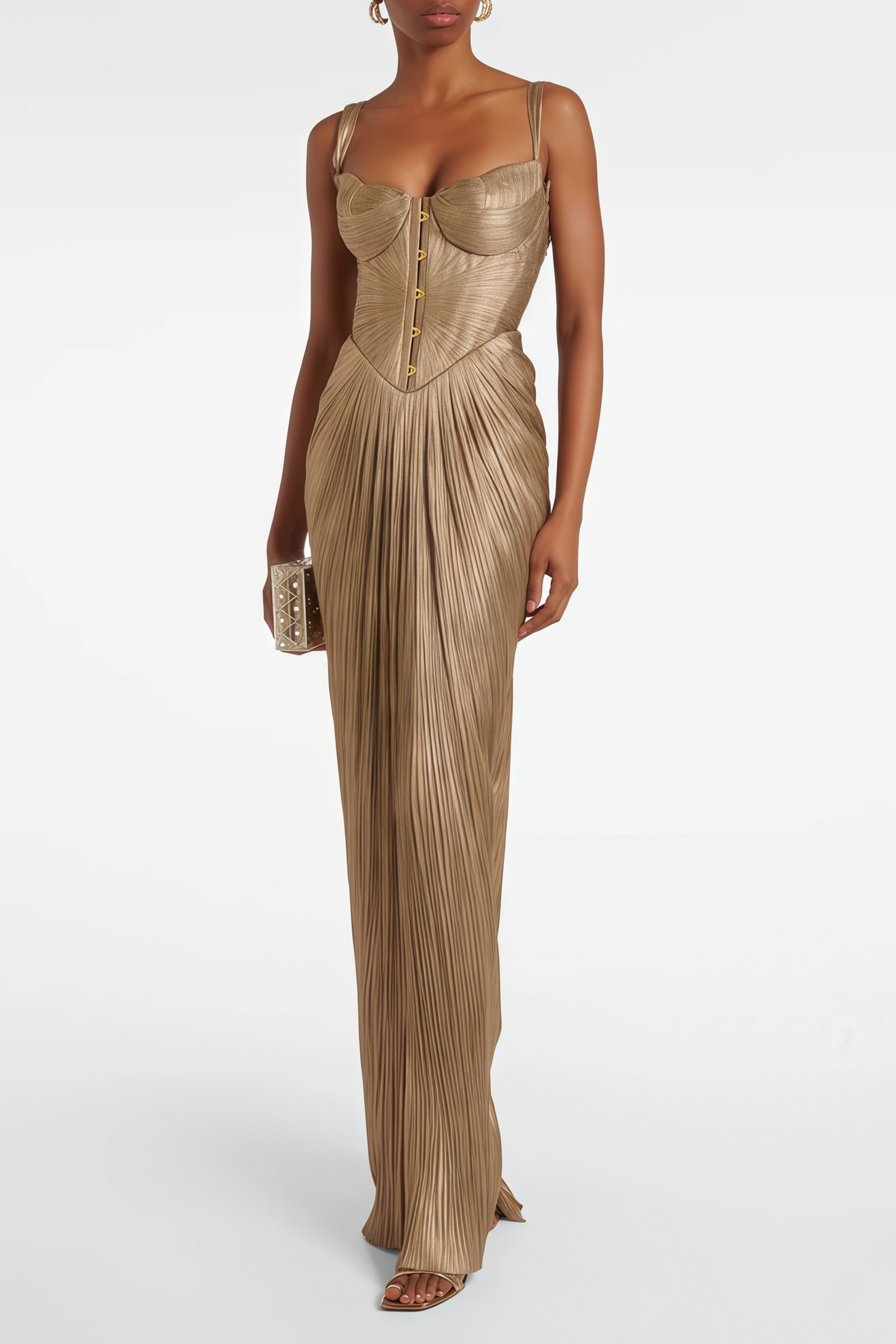 Gold Glossy Pleated Corset Maxi Dress