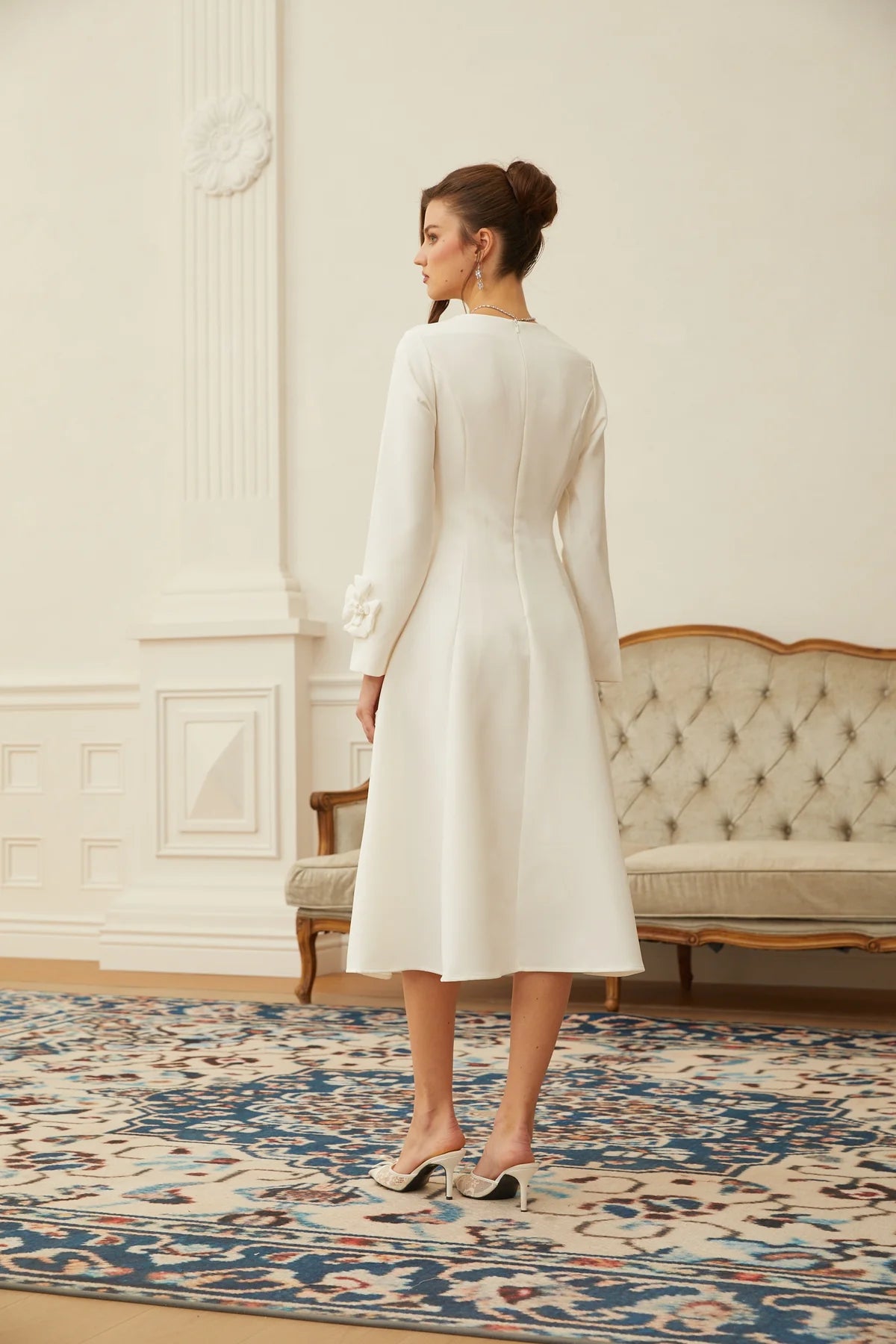 White 3D Petal Darted Midi Dress