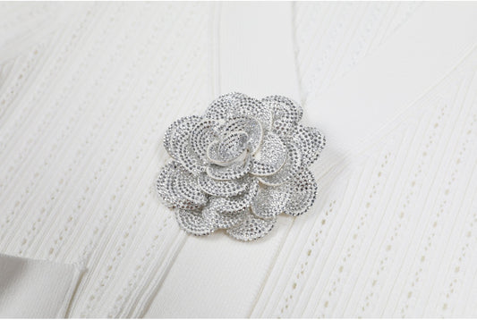 Knitted Collar Slim Fit Short Sleeved Three-dimensional Flower Button Long dress