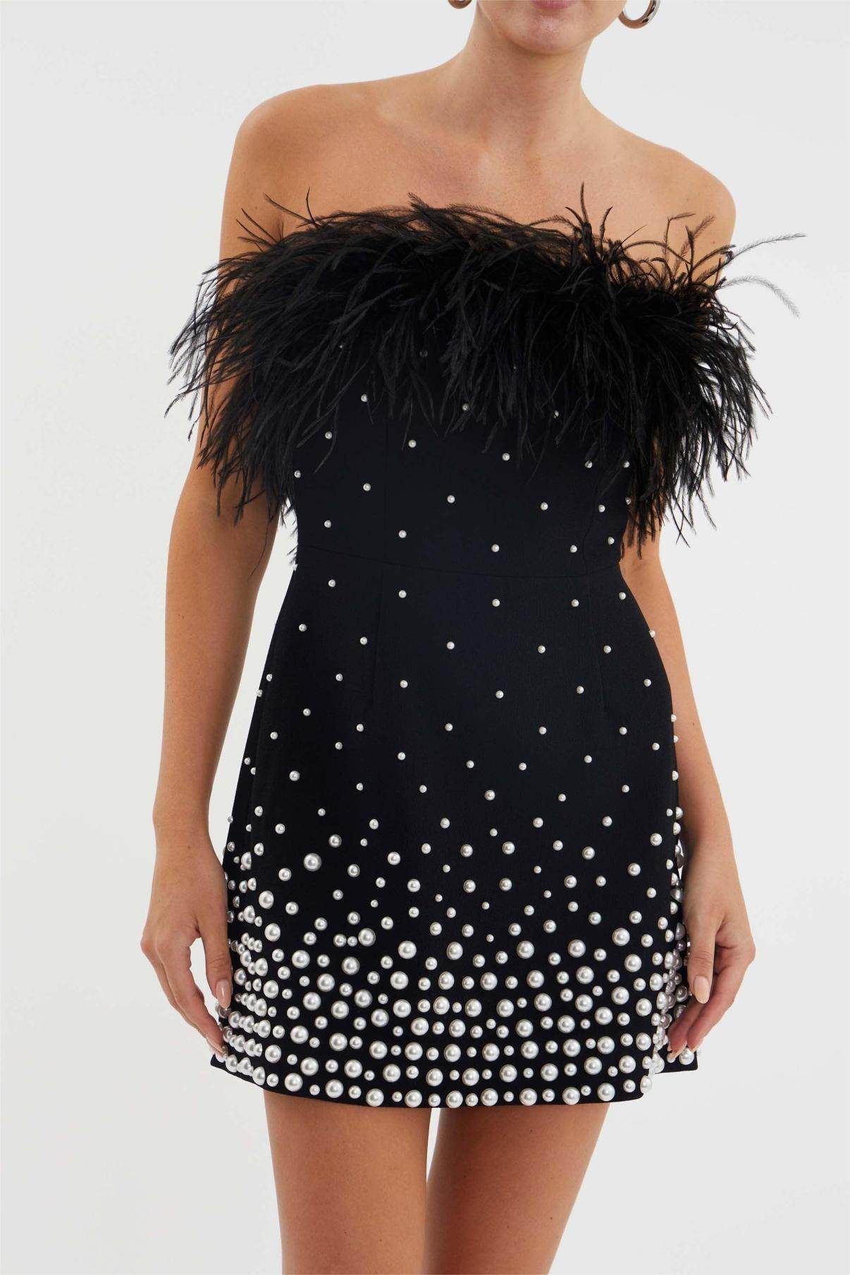 Off-Shoulder Feather Faux Pearl Bandage Mini Dress - REBECATHELABEL