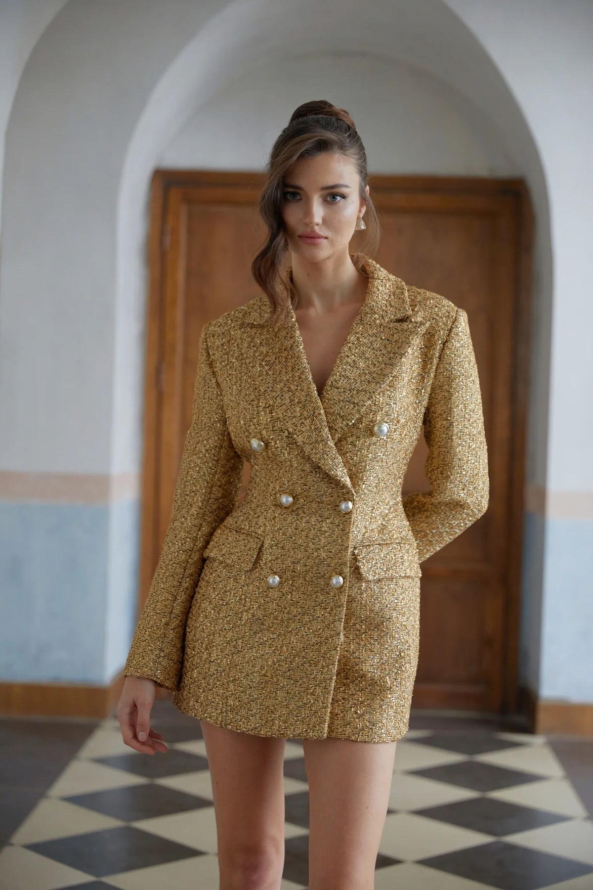 Gold Tweed Mini Blazer Dress