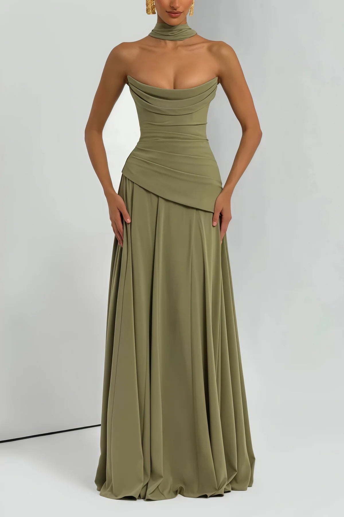 Green Strapless Corset Chiffon Maxi Dress