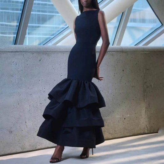 Round Neck Sexy Layered Ruffle Edge Mermaid Long dress - REBECATHELABEL