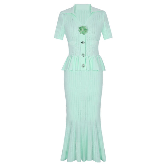 Knitted Collar Slim Fit Short Sleeved Three-dimensional Flower Button Long dress