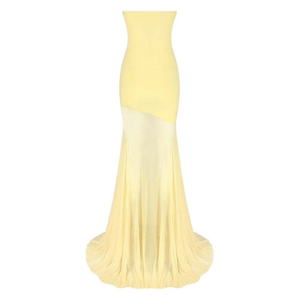 Strapless High Waist Long Dress Sexy Off Shoulder Solid Color Party Dress