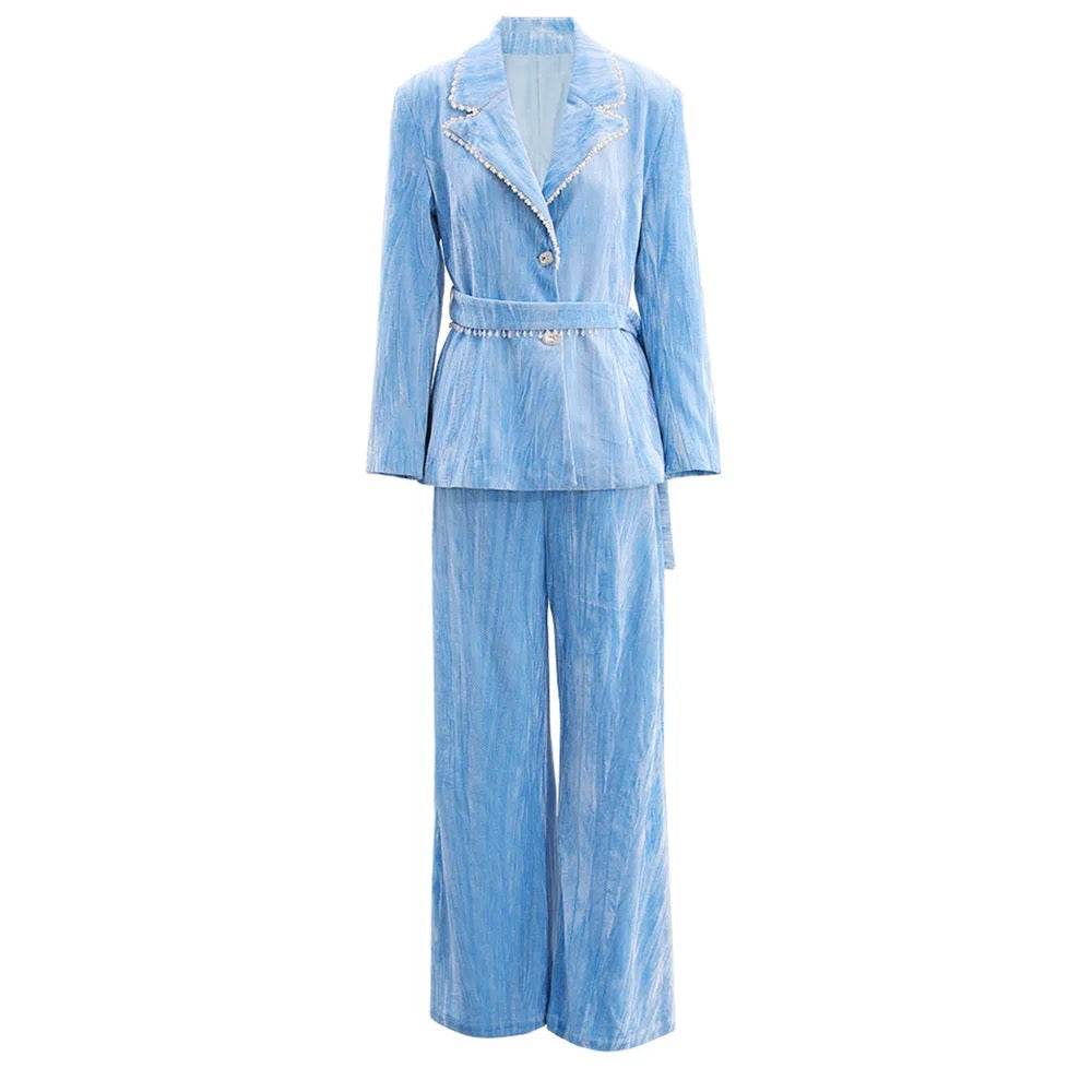 Velvet Set Loose Retro Suit Coat and Wide Pants Belt Set - REBECATHELABEL