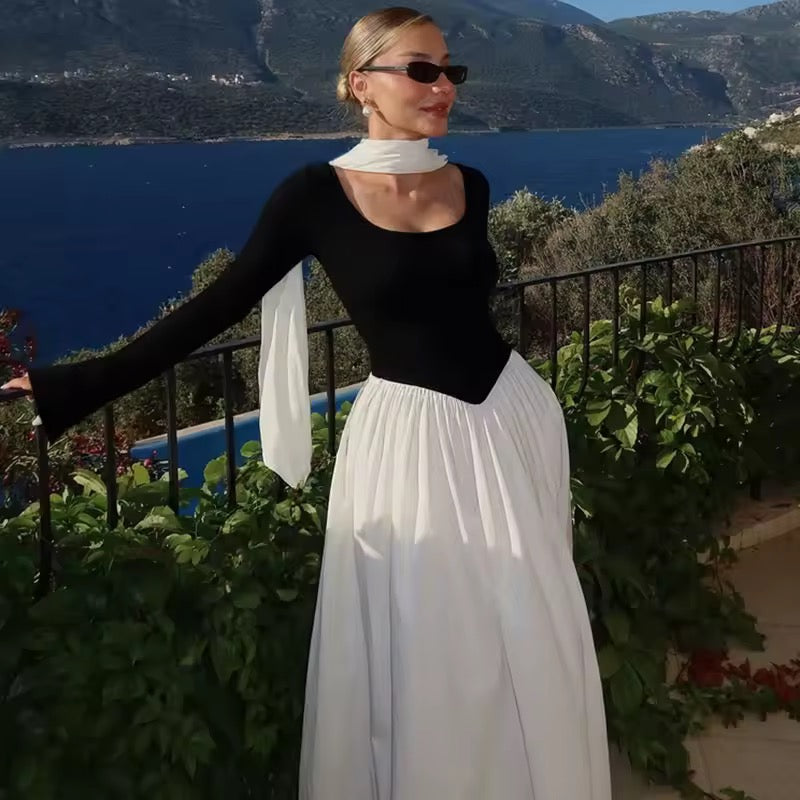 Patchwork Long Sleeve Sexy Maxi Dress