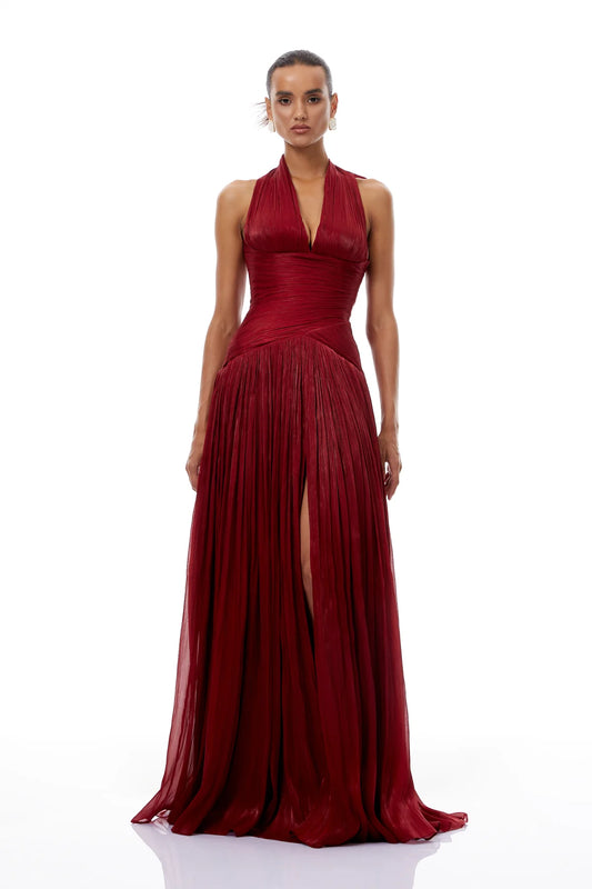 Red Gathered Maxi Dress