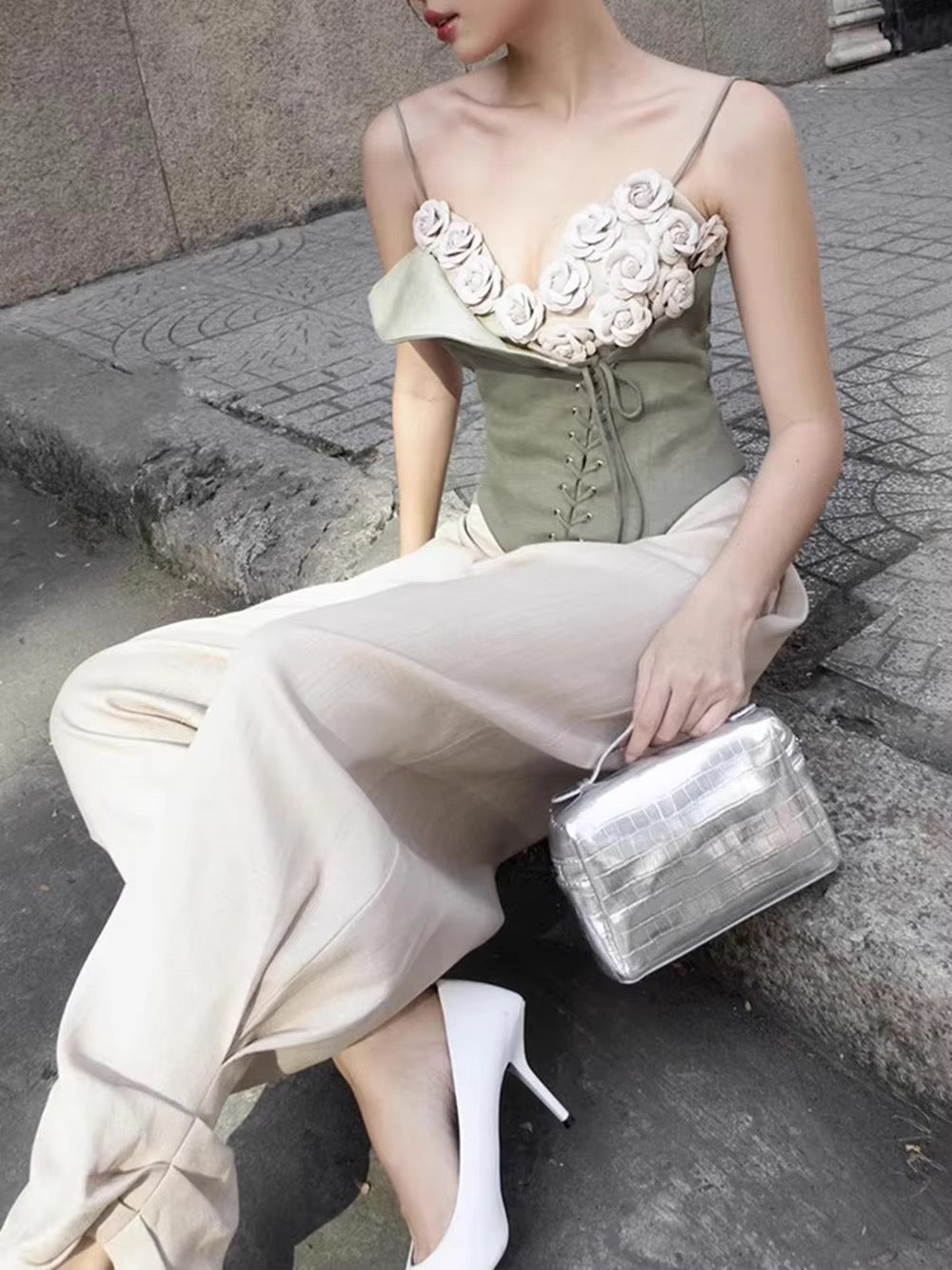 3D Flowers Spliced Appliques Slim Vests Top