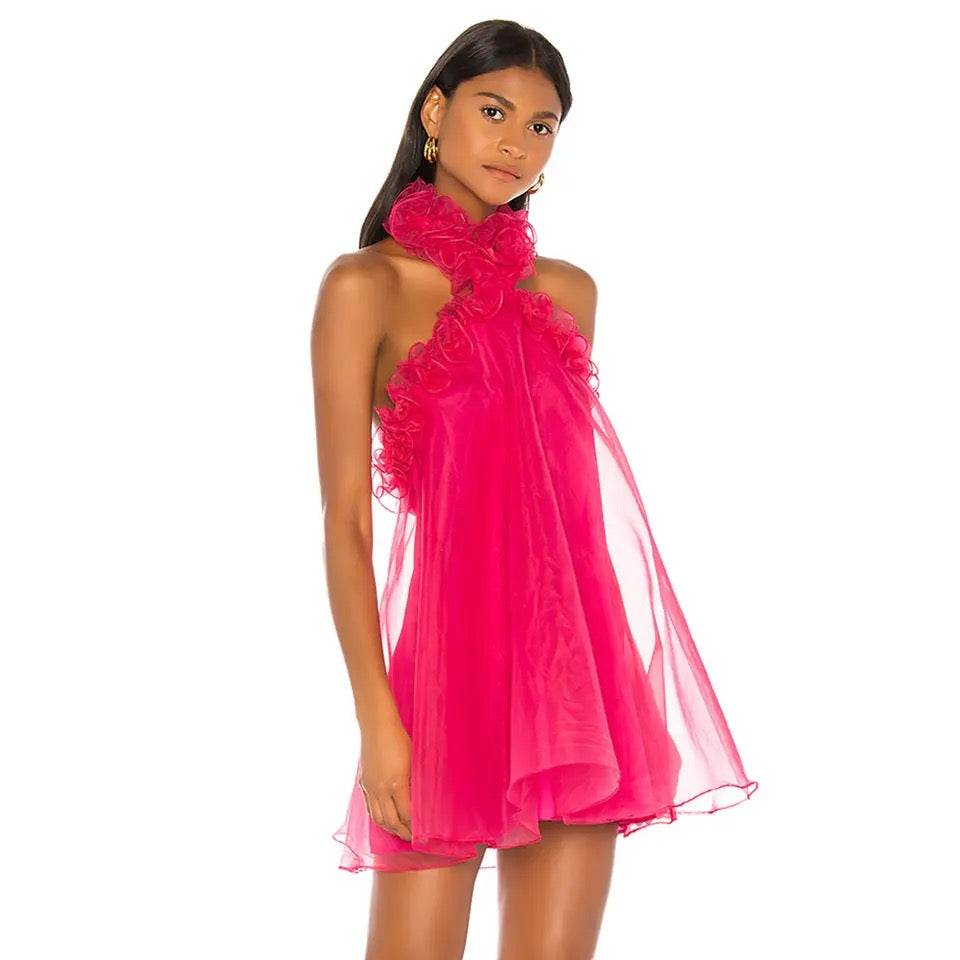 Rose Red Sexy Hanging Neck with Open Back Ruffle Edge dress - REBECATHELABEL