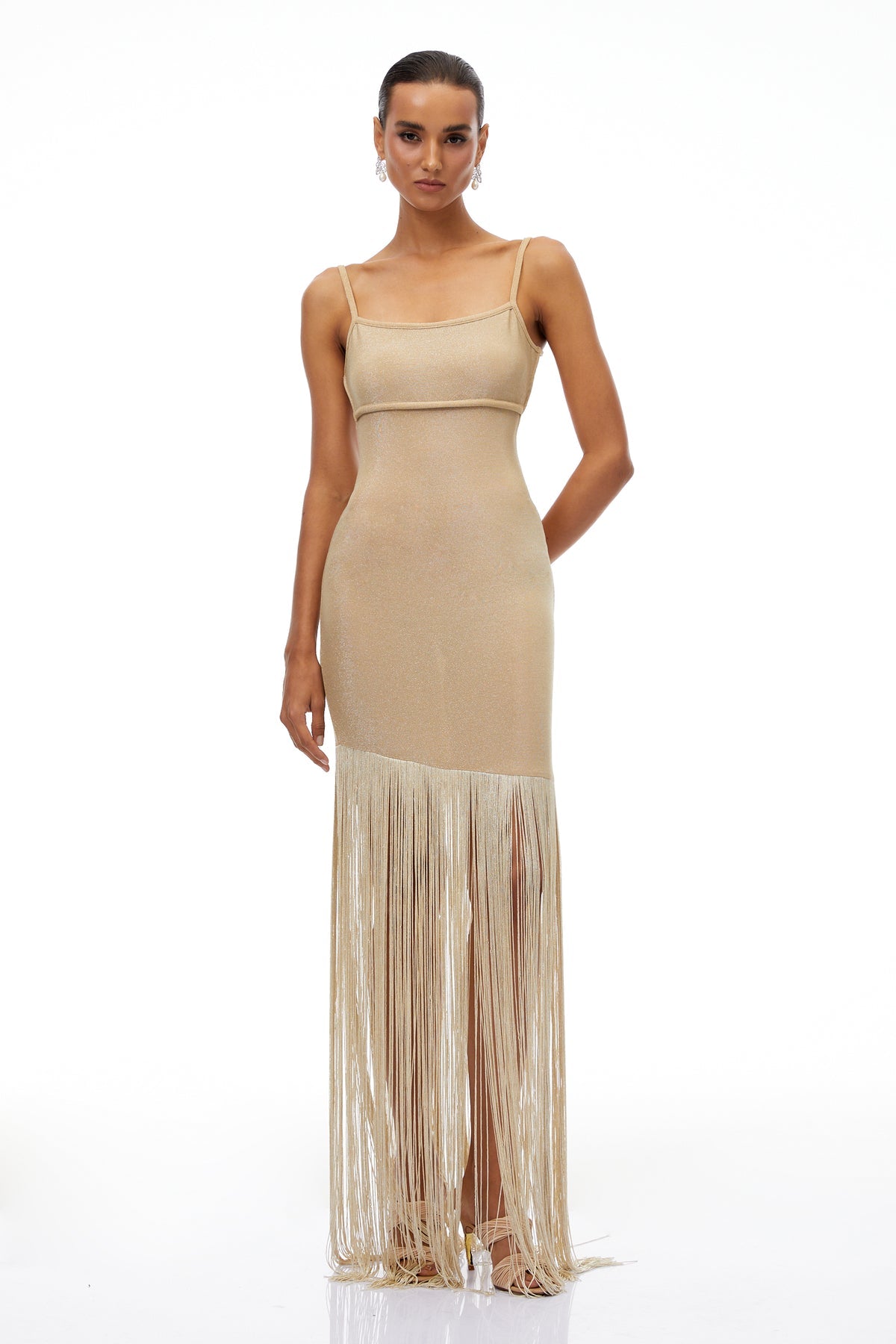 Khaki Fringed Knit Maxi Dress
