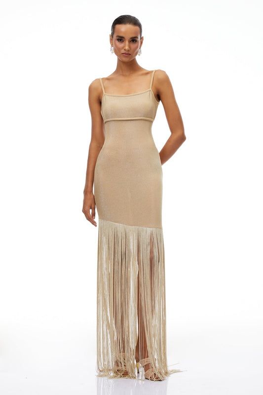 Khaki Fringed Knit Maxi Dress