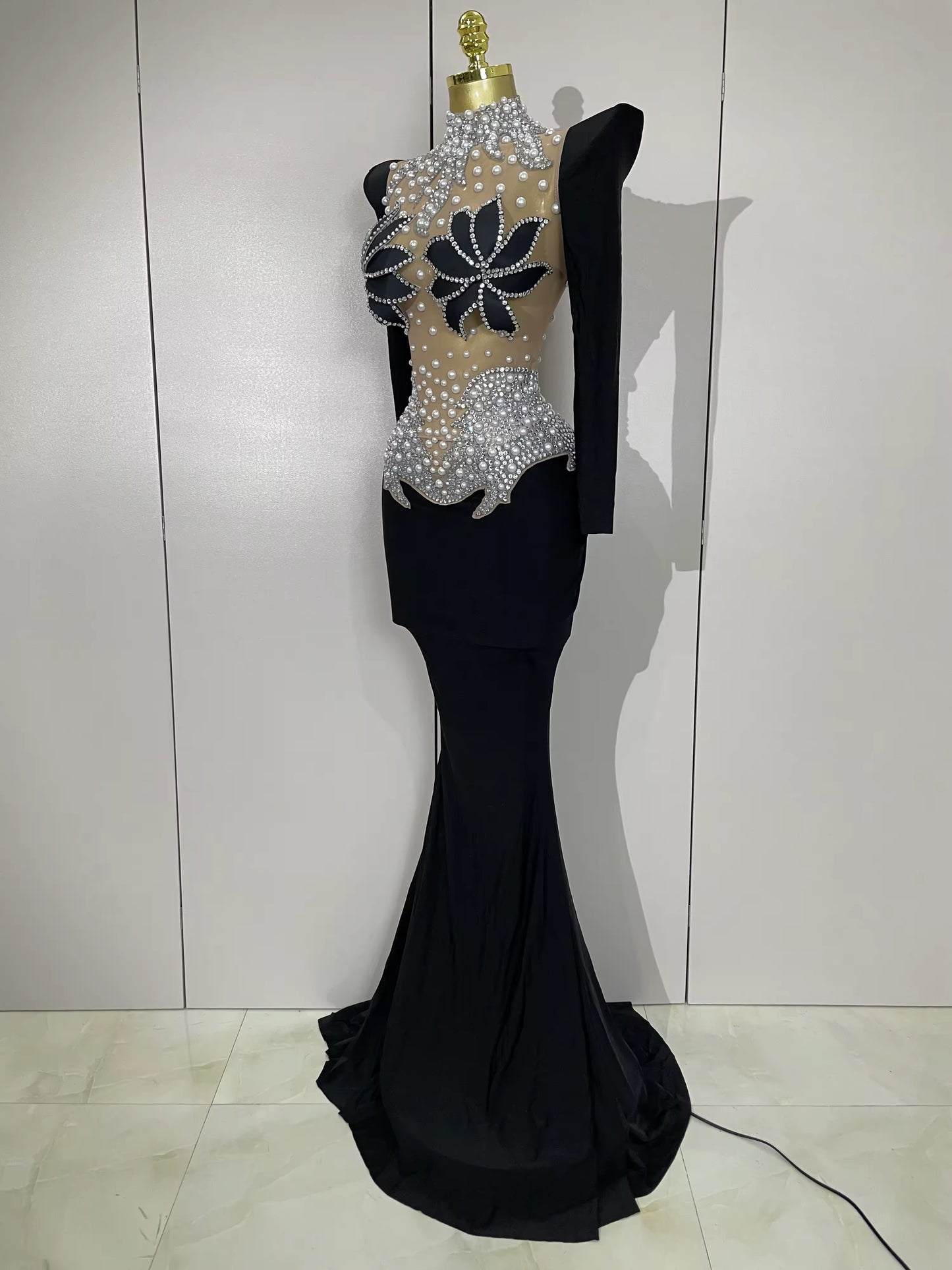Sparkly Diamonds Pearl Black Sexy See Through Mesh Long Dress