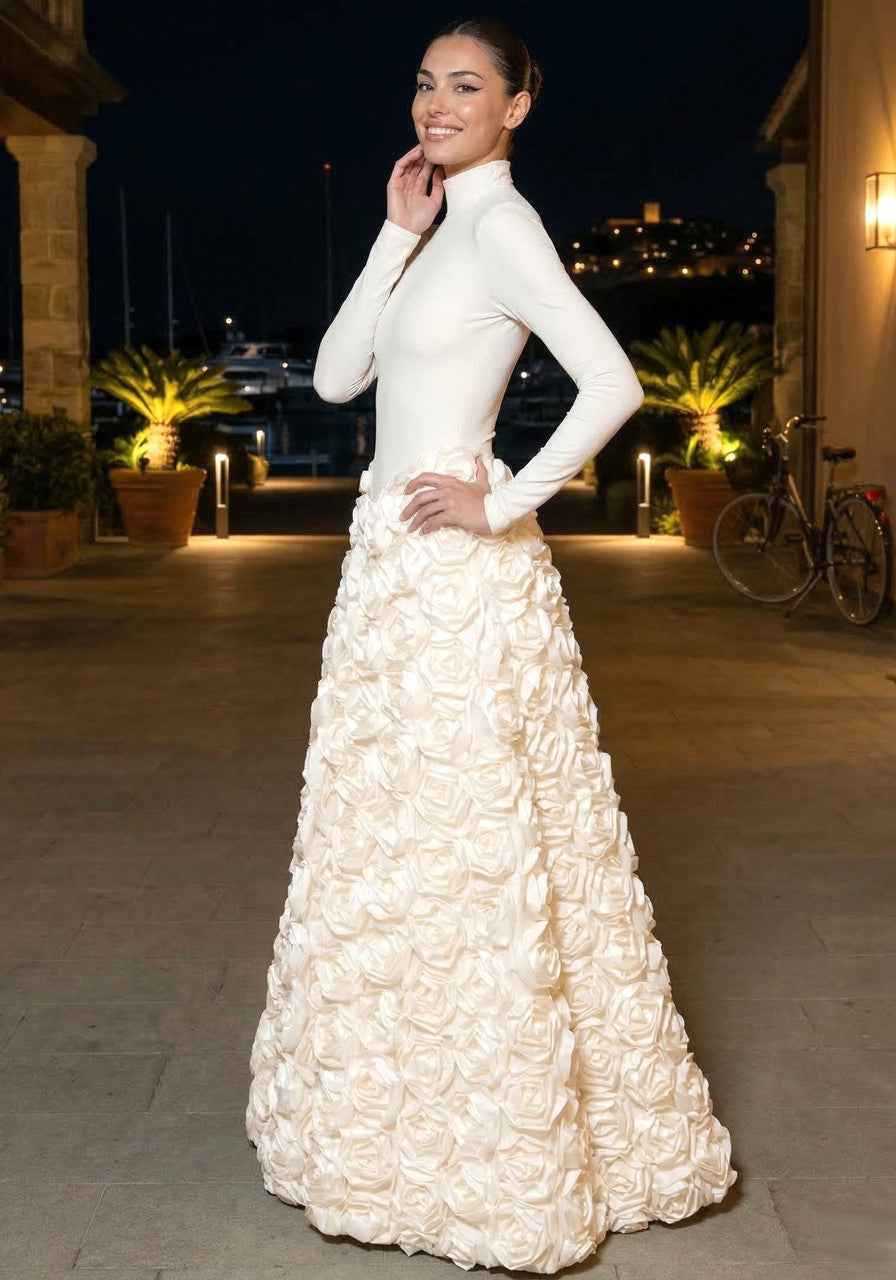 Long Sleeve Floral A Line Maxi Dress Ivory