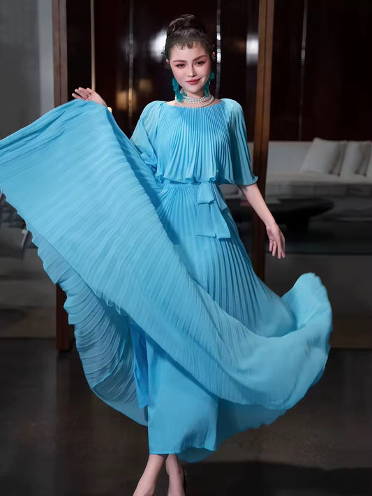 Round Neck Cape Fold Design Slimming Long Dress